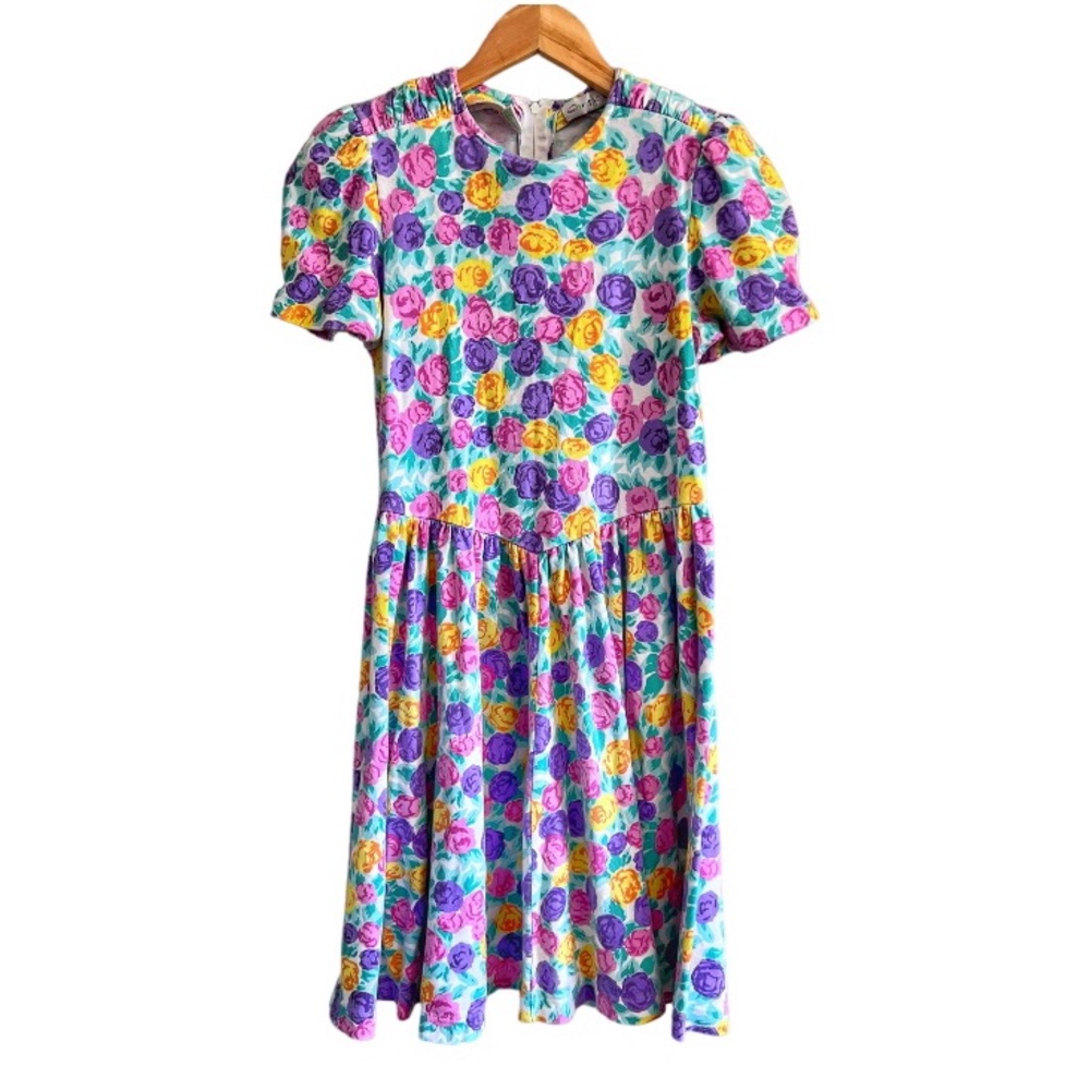 Vintage 80s Christie Brooks Cotton Floral Midi Dress Size Large Size 14 Kids